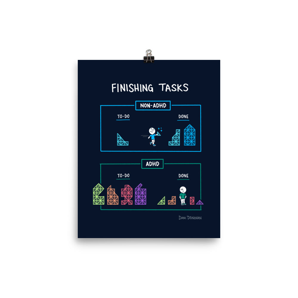 Finishing Tasks Poster — Dani Donovan ADHD comic art print, front view
