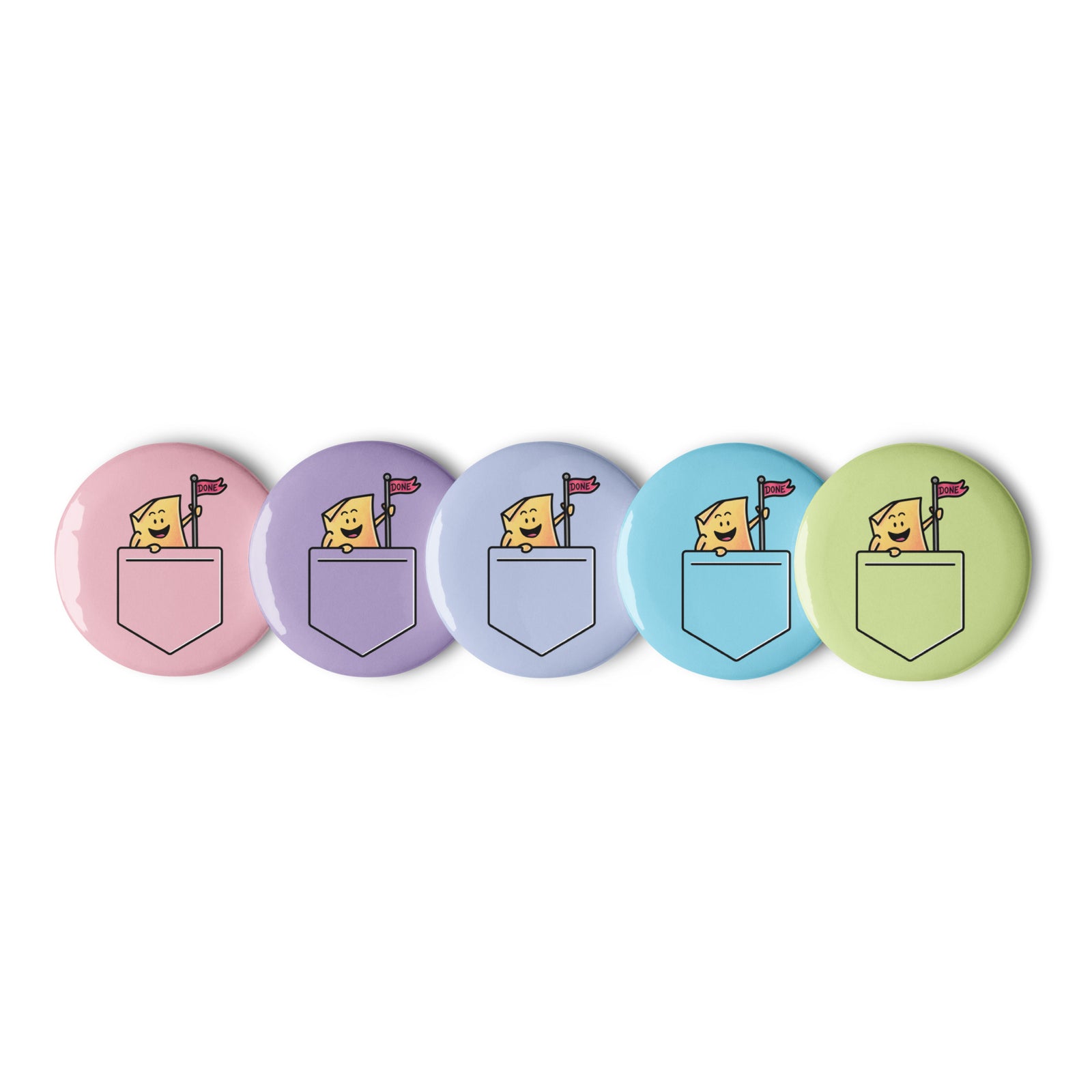 The Thing (Pocket): Set of 5 Pin Buttons — pin buttons flat lay, Anti-Planner designs by Dani Donovan