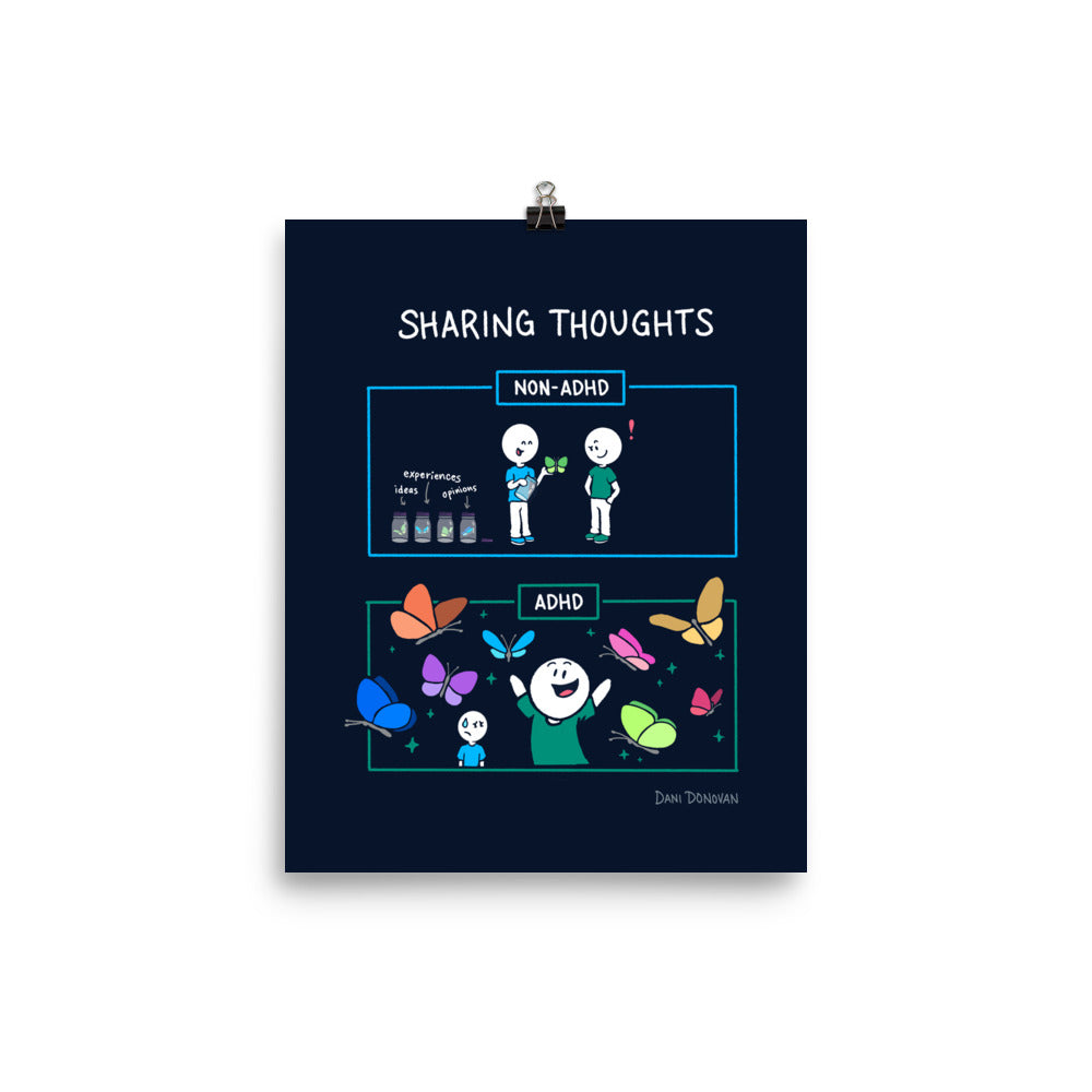 Sharing Thoughts Poster — Dani Donovan ADHD comic art print, front view