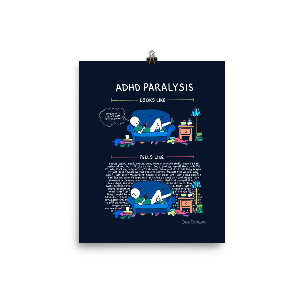 ADHD Paralysis Poster — Dani Donovan ADHD comic art print, front view