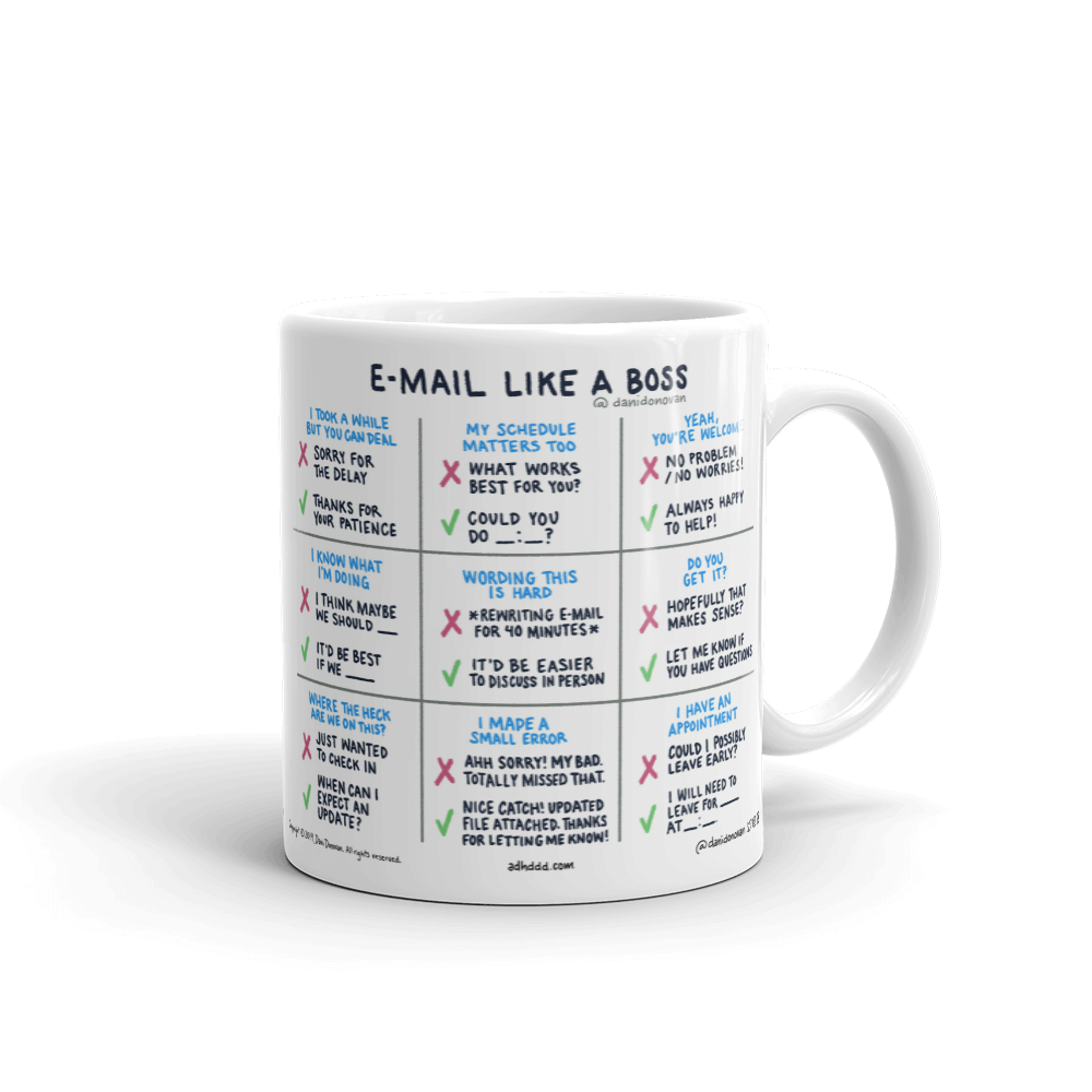 E-mail Like A Boss Mug — 11oz ceramic mug front, Anti-Planner design by Dani Donovan