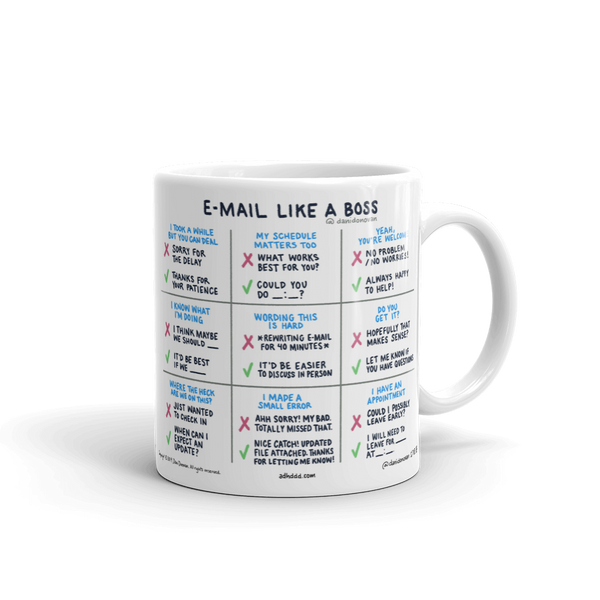 E-mail Like A Boss Mug — 11oz ceramic mug front, Anti-Planner design by Dani Donovan