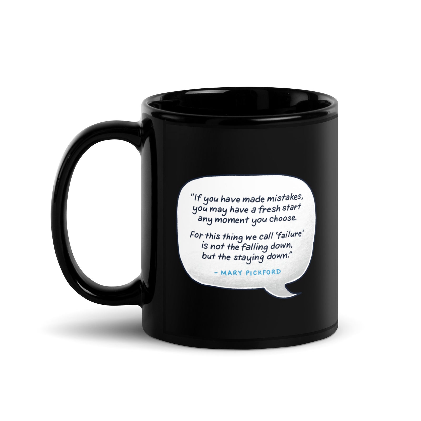 Failure = Staying Down Black Glossy Mug — 11oz ceramic mug front, Anti-Planner design by Dani Donovan