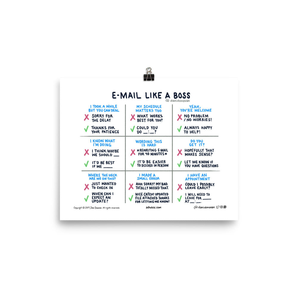 E-mail Like A Boss Poster — Dani Donovan ADHD comic art print, front view