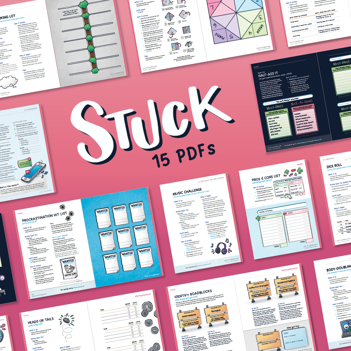 Anti-Planner Stuck PDF bundle showcasing 15 ADHD-friendly strategies to combat procrastination and executive dysfunction