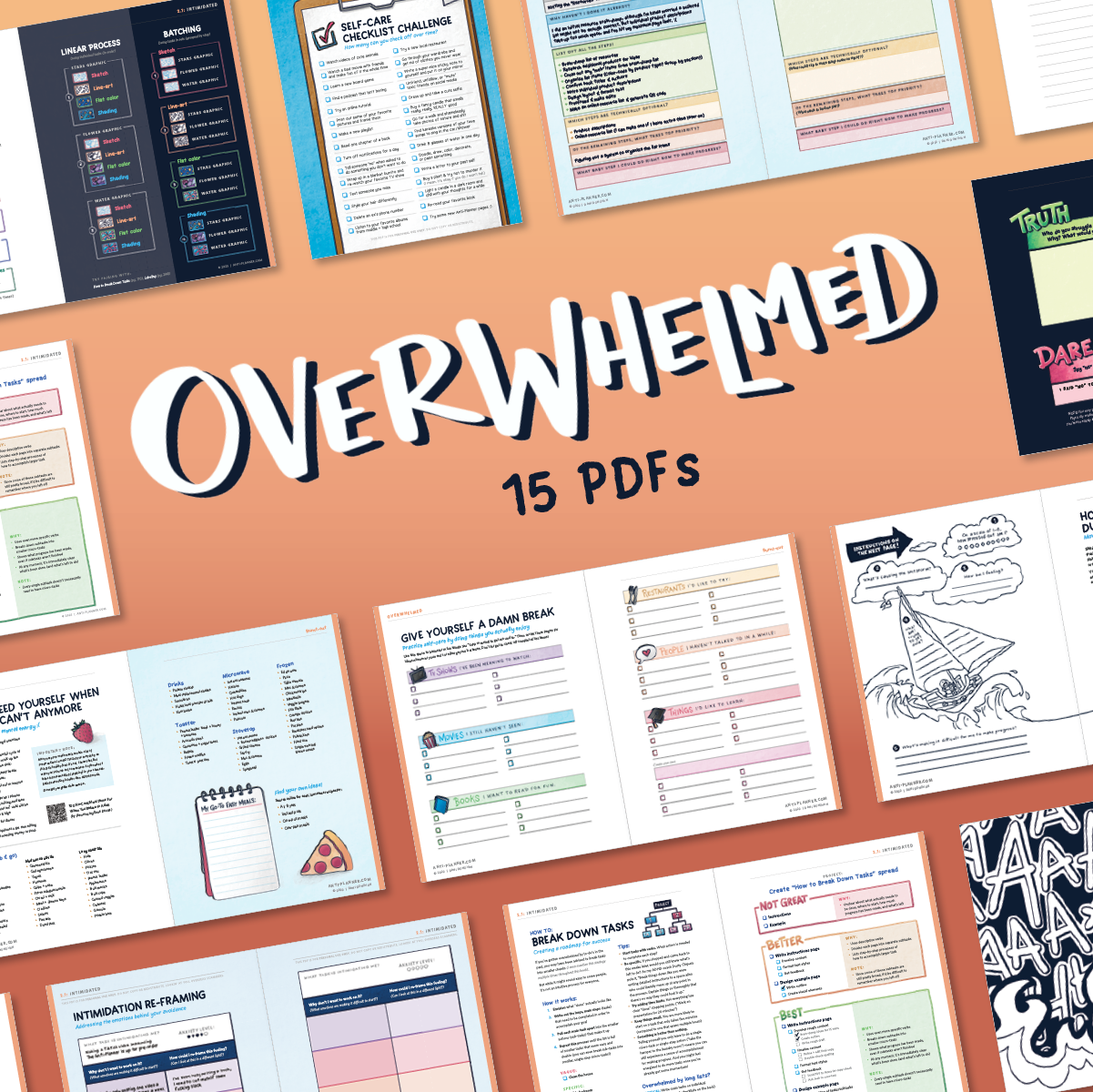 Anti-Planner Overwhelmed PDF bundle showcasing 15 ADHD-friendly strategies to combat procrastination and executive dysfunction