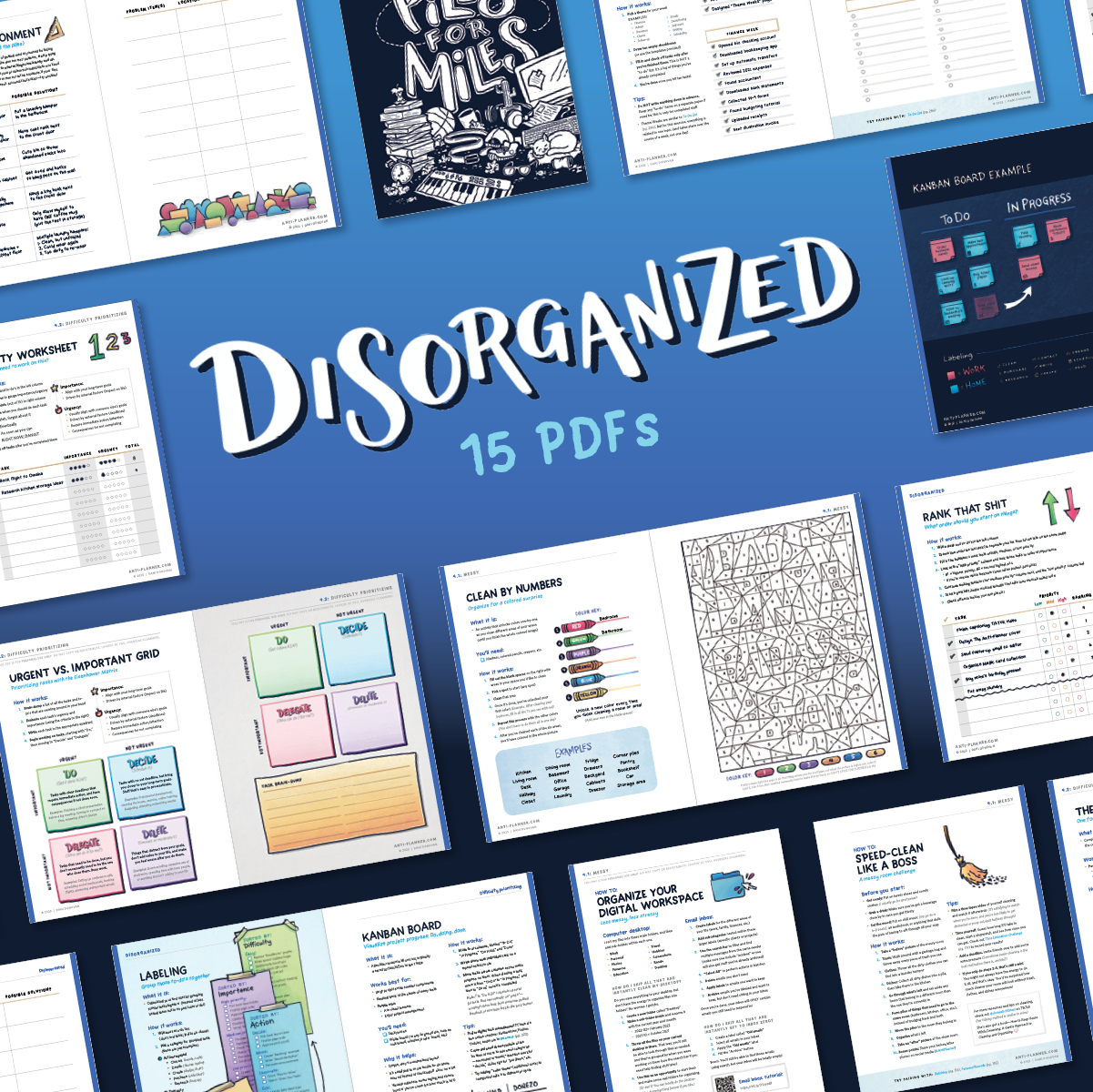 Anti-Planner Disorganized PDF bundle showcasing 15 ADHD-friendly strategies to combat procrastination and executive dysfunction