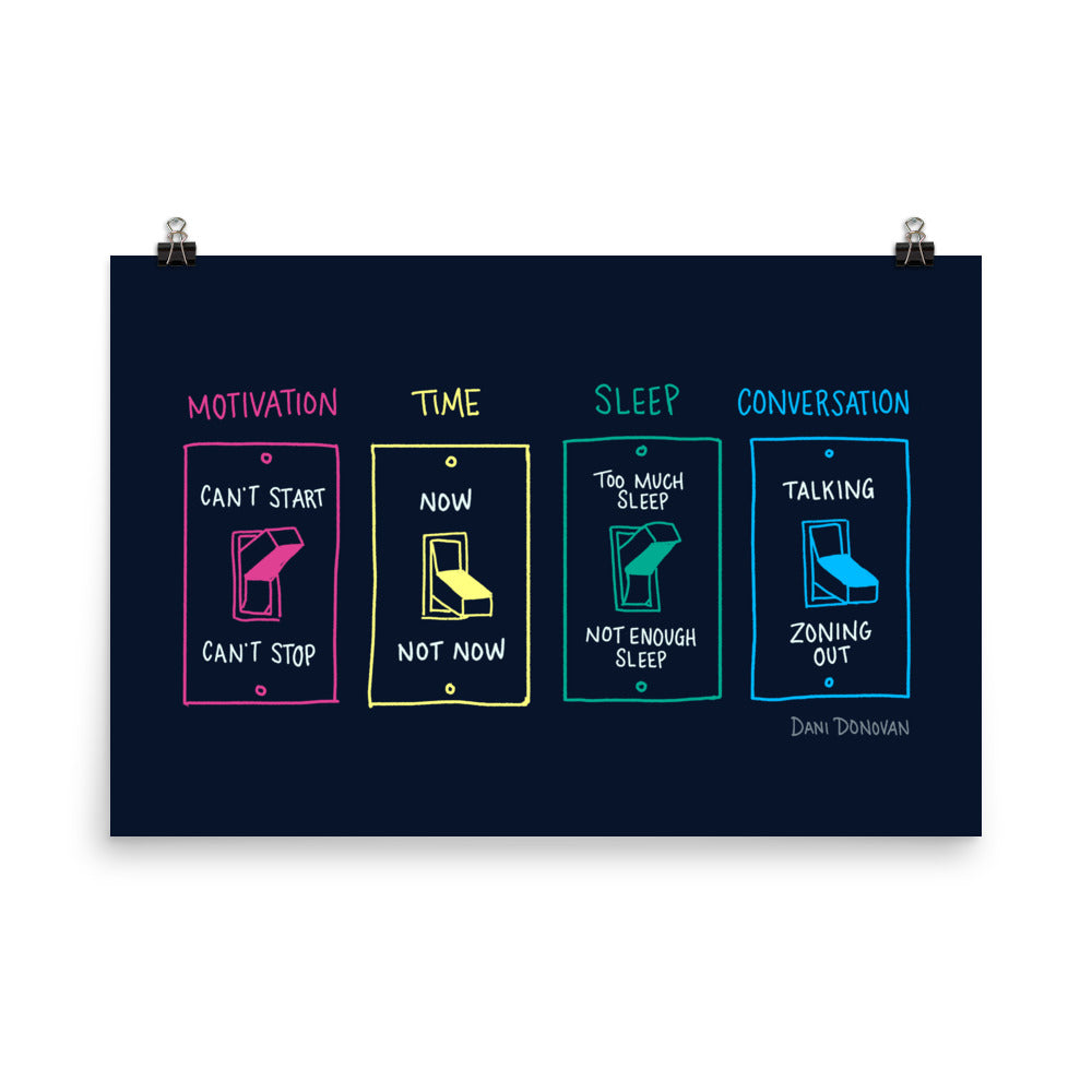 All or Nothing Poster — Dani Donovan ADHD comic art print, front view