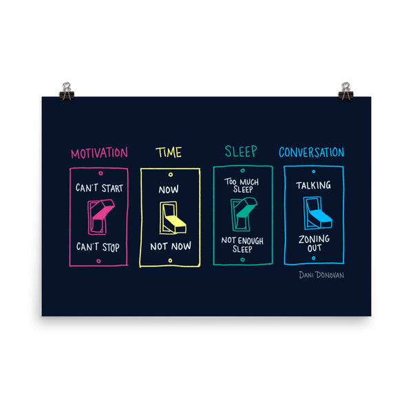 All or Nothing Poster — Dani Donovan ADHD comic art print, front view